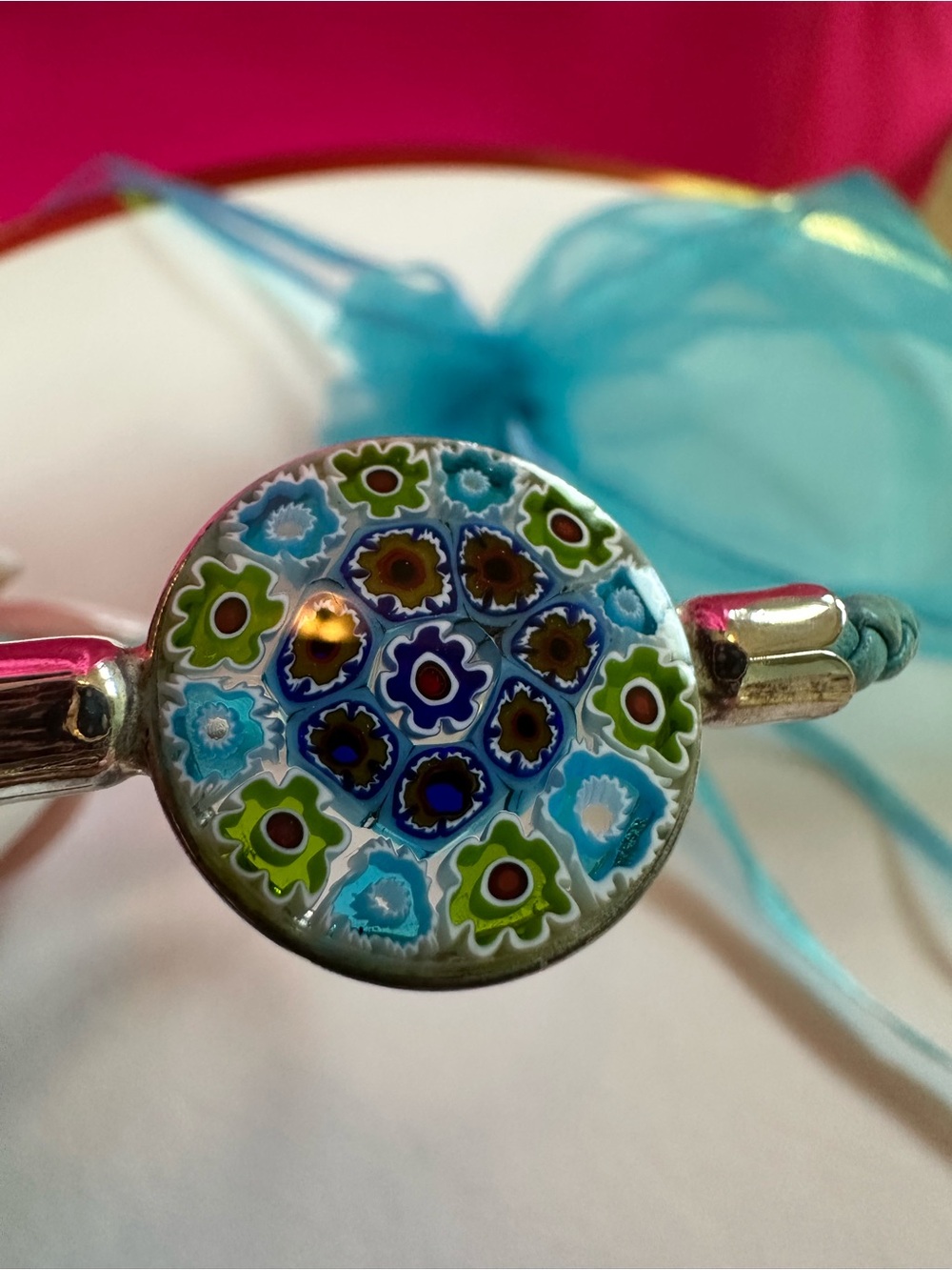 Murano Millefiori Glass Disc Bracelet - Blue & Green sterling silver & leather
